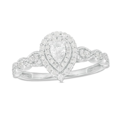 3 8 Ct T W Pear Shaped Diamond Double Frame Art Deco Vintage Style Engagement Ring In 10k White Gold 3 8 Ct T W Pear Shaped Diamond Double Frame Art Deco Vintage Style Engagement Ring In 10k White Gold