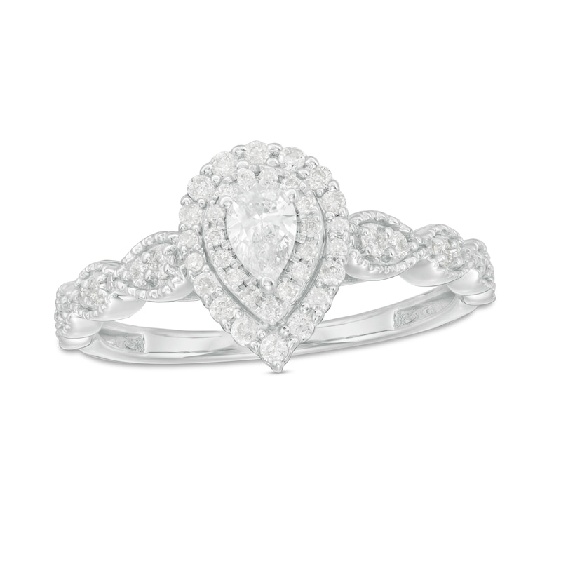 Main Image 1 of 3/8 CT. T.W. Pear-Shaped Diamond Double Frame Art Deco Vintage-Style Engagement Ring in 10K White Gold