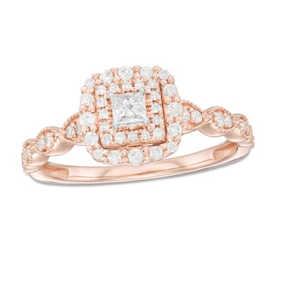 3 8 Ct T W Princess Cut Diamond Double Frame Art Deco Vintage Style Engagement Ring In 10k Rose Gold