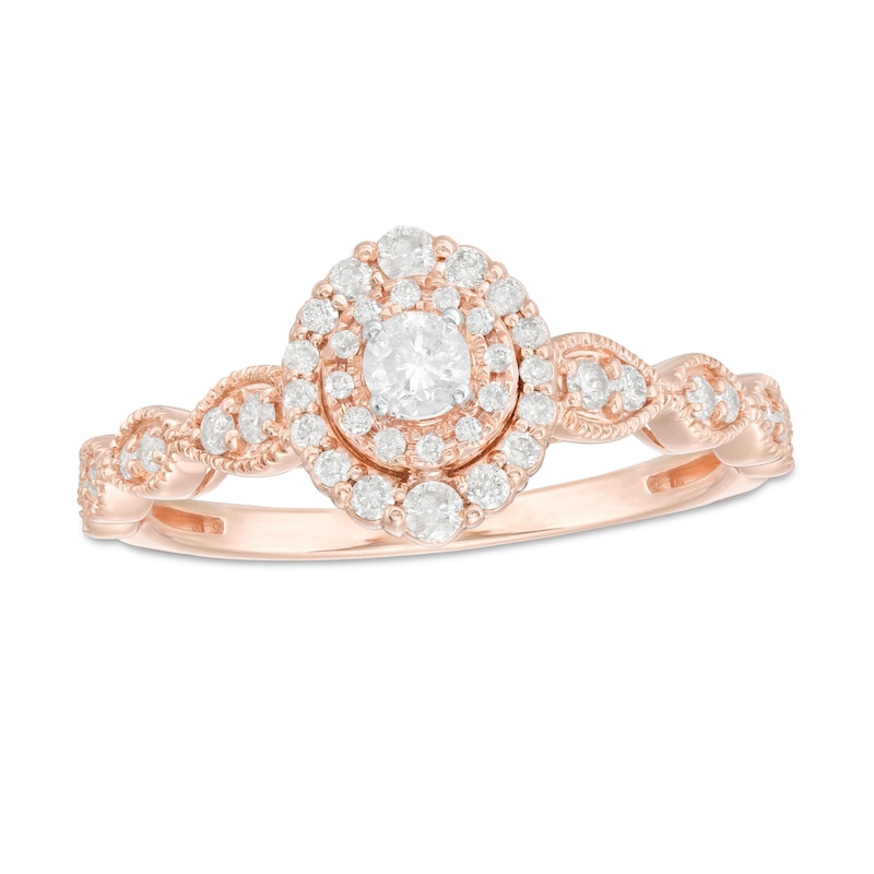 Main Image 1 of 3/8 CT. T.W. Diamond Double Frame Art-Deco Vintage-Style Engagement Ring in 10K Rose Gold