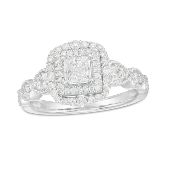 7/8 CT. T.w. Princess-Cut Diamond Double Frame Art Deco Vintage-Style Engagement Ring in 10K White Gold