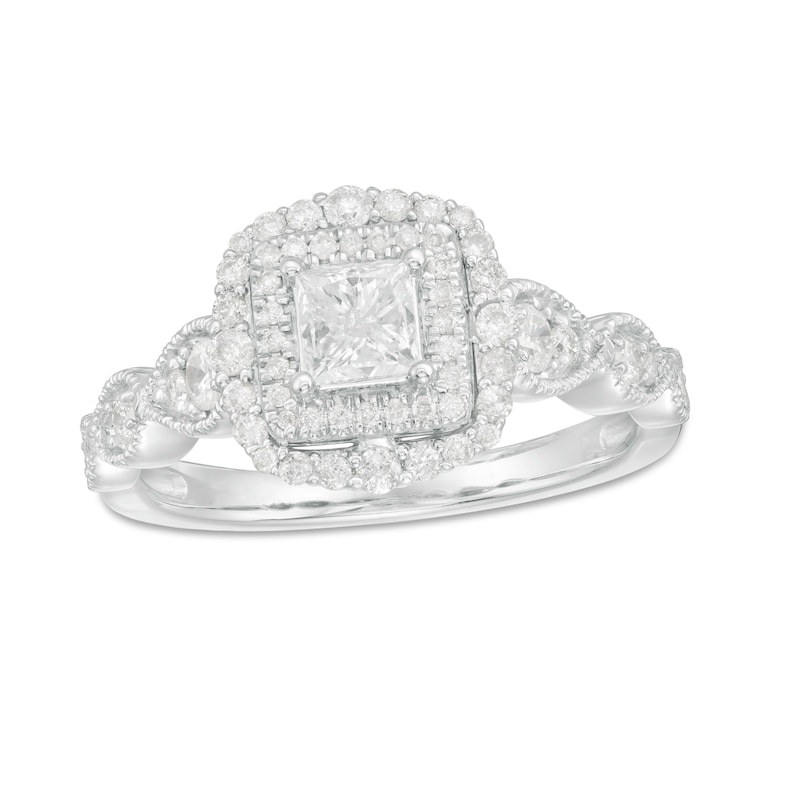 Main Image 1 of 7/8 CT. T.W. Princess-Cut Diamond Double Frame Art Deco Vintage-Style Engagement Ring in 10K White Gold