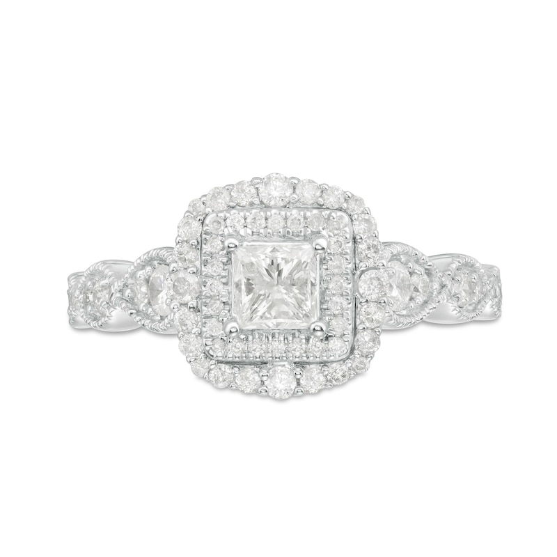 Main Image 4 of 7/8 CT. T.W. Princess-Cut Diamond Double Frame Art Deco Vintage-Style Engagement Ring in 10K White Gold