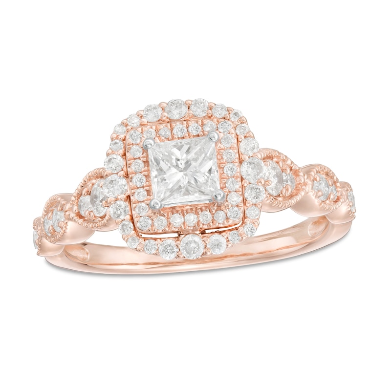Main Image 1 of 7/8 CT. T.W. Princess-Cut Diamond Double Frame Art Deco Vintage-Style Engagement Ring in 10K Rose Gold