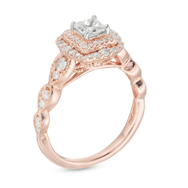 Main Image 3 of 7/8 CT. T.W. Princess-Cut Diamond Double Frame Art Deco Vintage-Style Engagement Ring in 10K Rose Gold