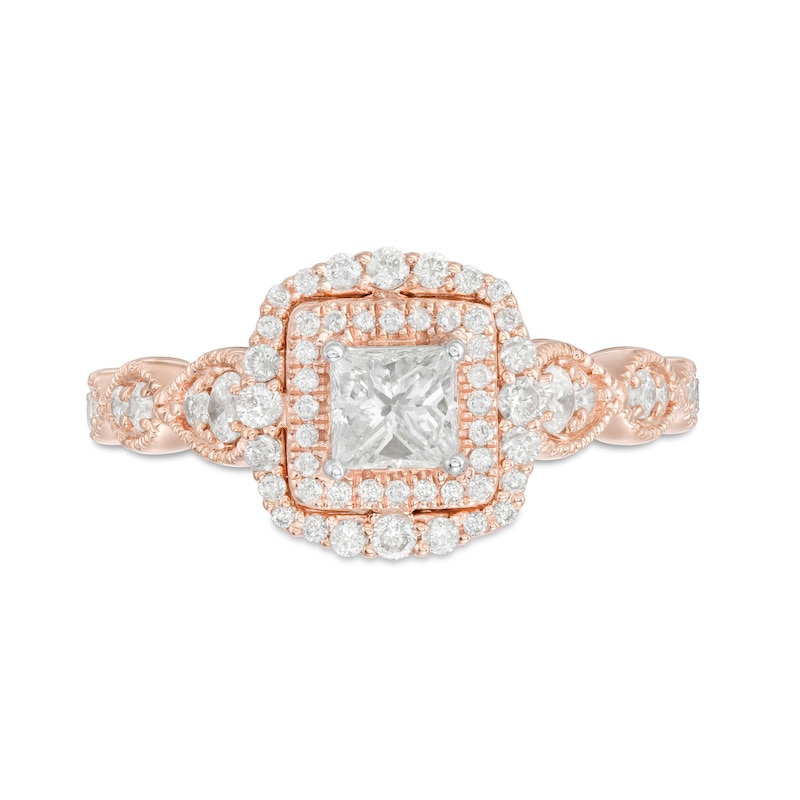 Main Image 4 of 7/8 CT. T.W. Princess-Cut Diamond Double Frame Art Deco Vintage-Style Engagement Ring in 10K Rose Gold