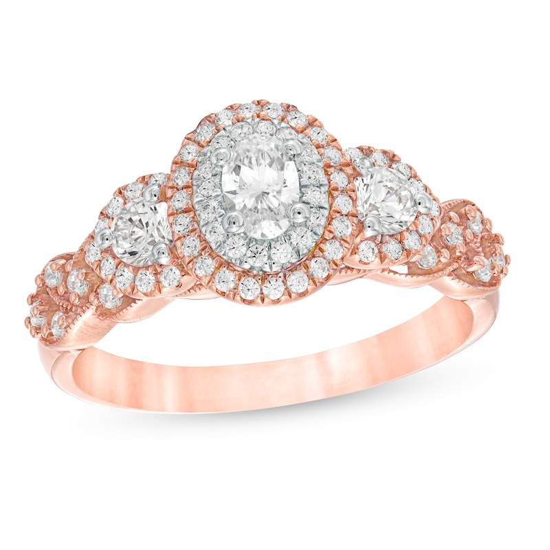 3/4 CT. T.W. Oval Diamond Past Present Future® Double Frame Vintage-Style Engagement Ring in 10K Rose Gold - Size 7
