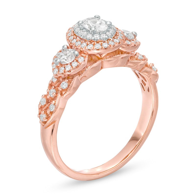 3/4 CT. T.W. Oval Diamond Past Present Future® Double Frame Vintage-Style Engagement Ring in 10K Rose Gold - Size 7