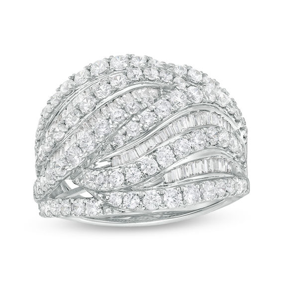 2 CT. T.w. Baguette and Round Diamond Multi-Row Wave Ring in 10K White Gold