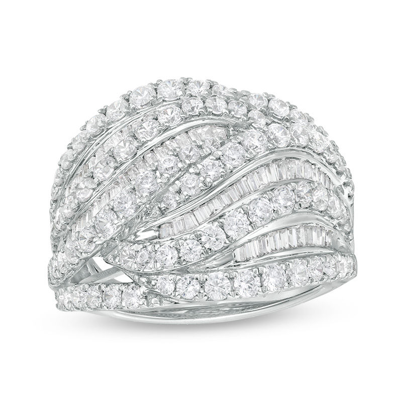 2 CT. T.W. Baguette and Round Diamond Multi-Row Wave Ring in 10K White Gold