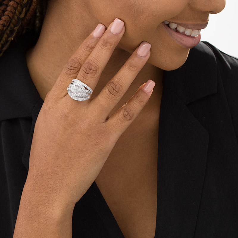 Main Image 2 of 2 CT. T.W. Baguette and Round Diamond Multi-Row Wave Ring in 10K White Gold