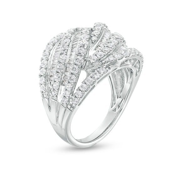 2 CT. T.w. Baguette and Round Diamond Multi-Row Wave Ring in 10K White Gold