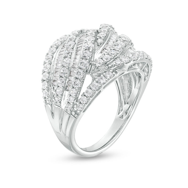 Main Image 3 of 2 CT. T.W. Baguette and Round Diamond Multi-Row Wave Ring in 10K White Gold