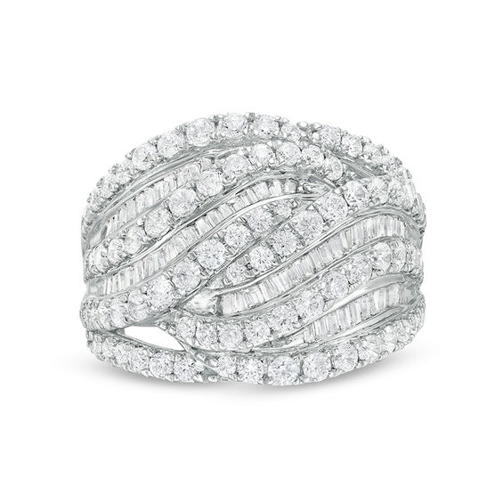 2 CT. T.w. Baguette and Round Diamond Multi-Row Wave Ring in 10K White Gold