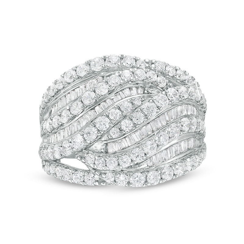 Main Image 4 of 2 CT. T.W. Baguette and Round Diamond Multi-Row Wave Ring in 10K White Gold