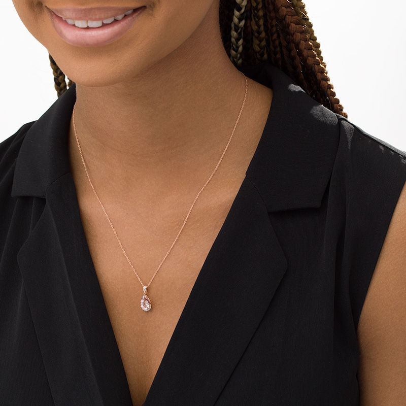 Main Image 2 of Pear-Shaped Morganite and Diamond Accent Drop Pendant in 10K Rose Gold
