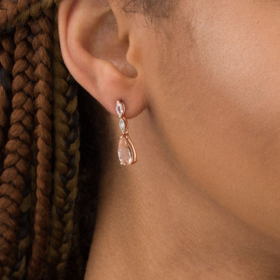 Pear-Shaped Morganite and 1/20 CT. T.w. Diamond Drop Earrings in 10K Rose Gold