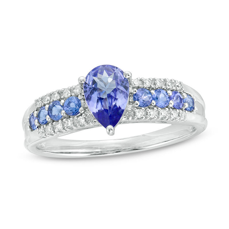 Main Image 1 of Pear-Shaped and Round Tanzanite and 1/20 CT. T.W. Diamond Triple Row Ring in 10K White Gold