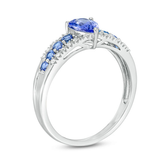 Pear-Shaped and Round Tanzanite and 1/20 CT. T.w. Diamond Triple Row Ring in 10K White Gold
