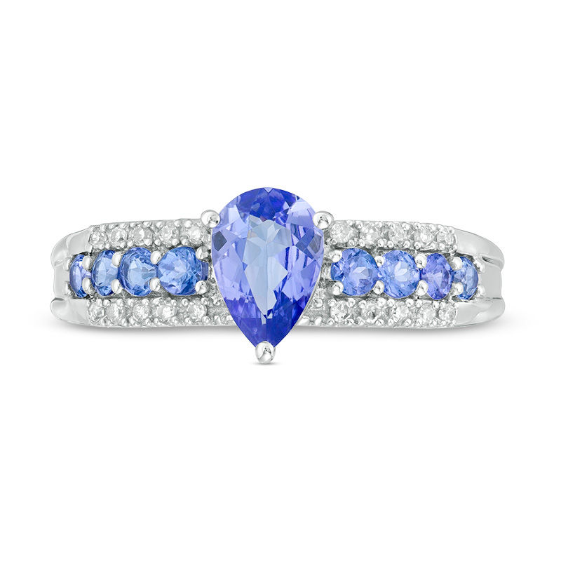 Main Image 4 of Pear-Shaped and Round Tanzanite and 1/20 CT. T.W. Diamond Triple Row Ring in 10K White Gold