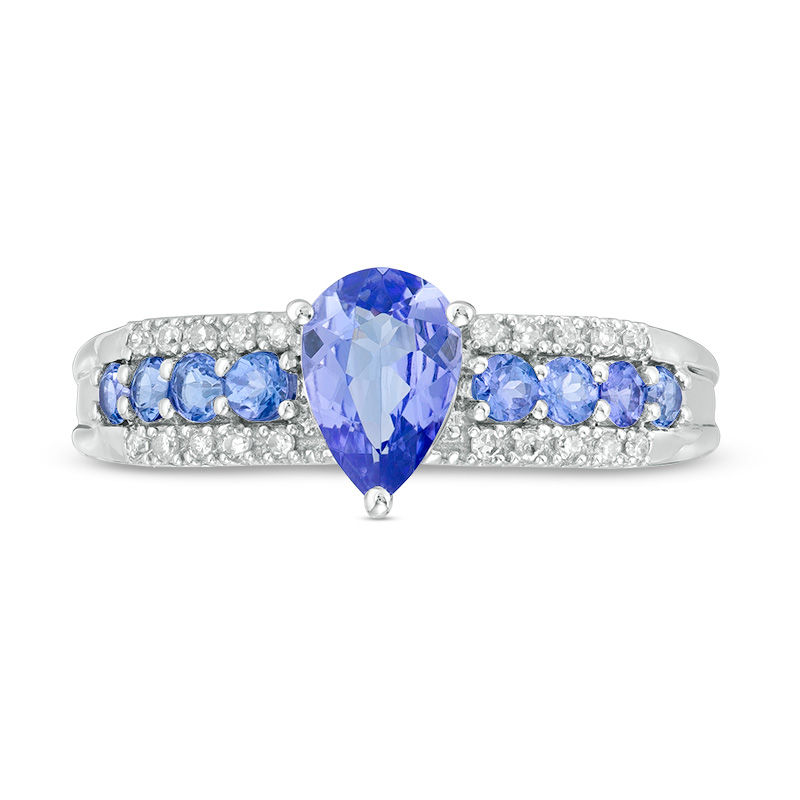 Pear-Shaped and Round Tanzanite and 1/20 CT. T.W. Diamond Triple Row Ring in 10K White Gold