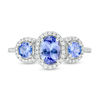 Thumbnail Image 4 of Oval Tanzanite and 1/5 CT. T.W. Diamond Frame Three Stone Ring in Sterling Silver