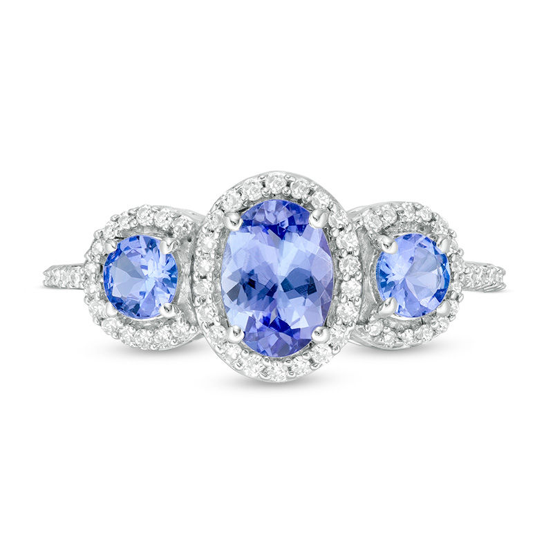 Main Image 4 of Oval Tanzanite and 1/5 CT. T.W. Diamond Frame Three Stone Ring in Sterling Silver