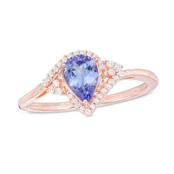 Pear-Shaped Tanzanite and 1/10 CT. T.w. Diamond Tri-Sides Bypass Ring in 10K Rose Gold