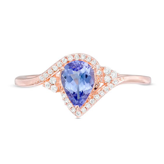 Pear-Shaped Tanzanite and 1/10 CT. T.w. Diamond Tri-Sides Bypass Ring in 10K Rose Gold