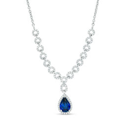 Lab-Created Blue and White Sapphire Frame Chain Link Necklace in Sterling Silver - 16&quot;