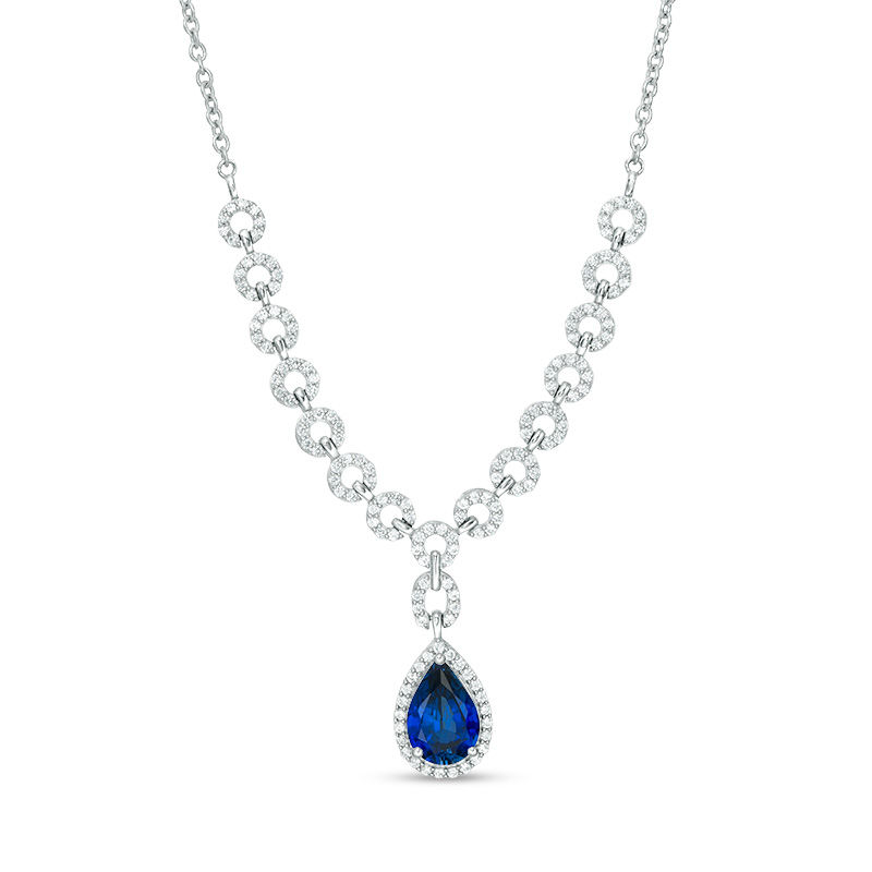 Lab-Created Blue and White Sapphire Frame Chain Link Necklace in Sterling Silver - 16"