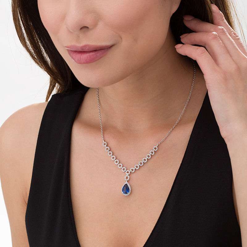 Lab-Created Blue and White Sapphire Frame Chain Link Necklace in Sterling Silver - 16"