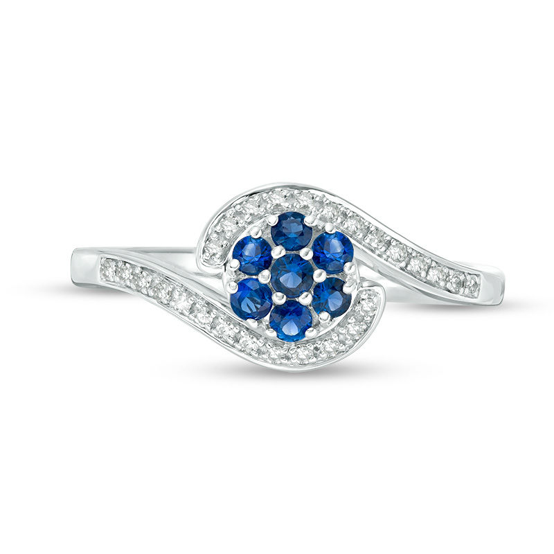 Main Image 4 of Blue Sapphire and 1/20 CT. T.W. Diamond Swirl Bypass Ring in 10K White Gold