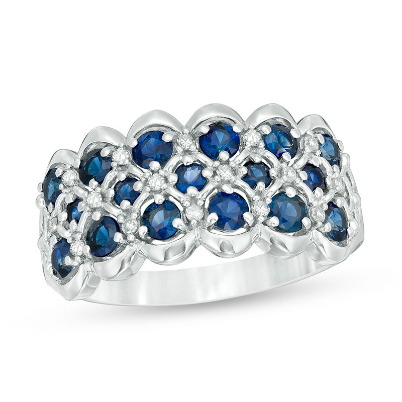 Main Image 1 of Blue Sapphire and 1/10 CT. T.W. Diamond Multi-Row Quilt Pattern Ring in 10K White Gold