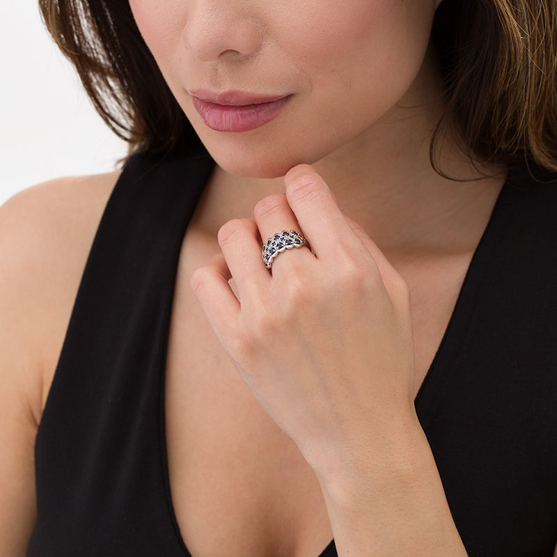 Main Image 2 of Blue Sapphire and 1/10 CT. T.W. Diamond Multi-Row Quilt Pattern Ring in 10K White Gold
