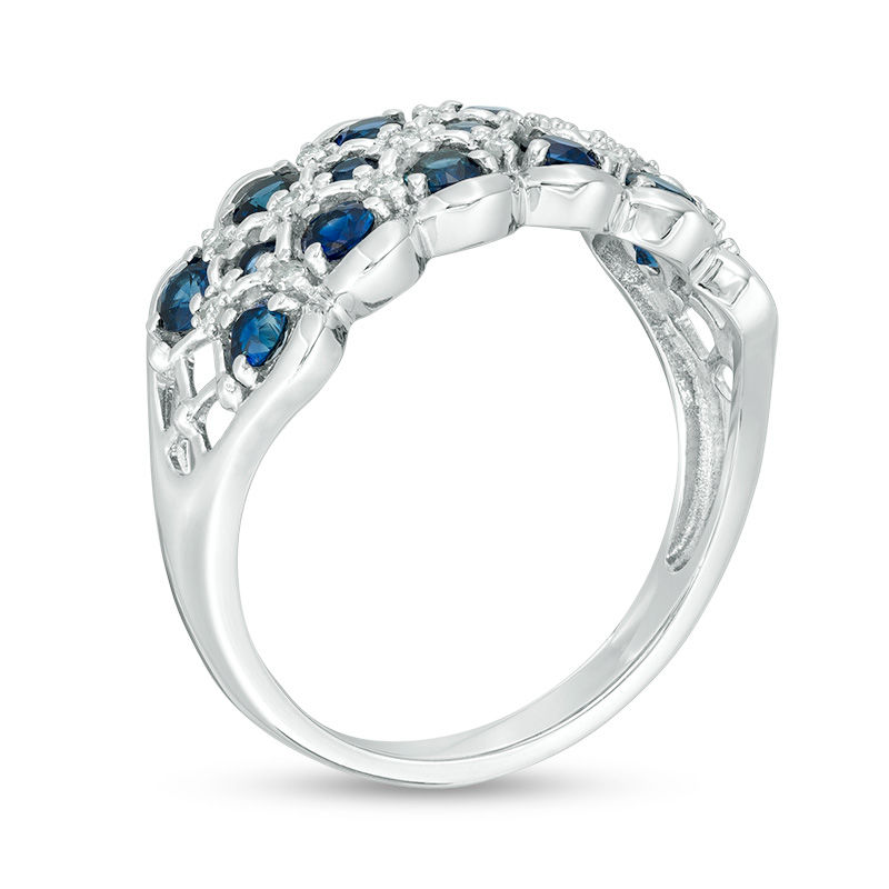 Main Image 3 of Blue Sapphire and 1/10 CT. T.W. Diamond Multi-Row Quilt Pattern Ring in 10K White Gold
