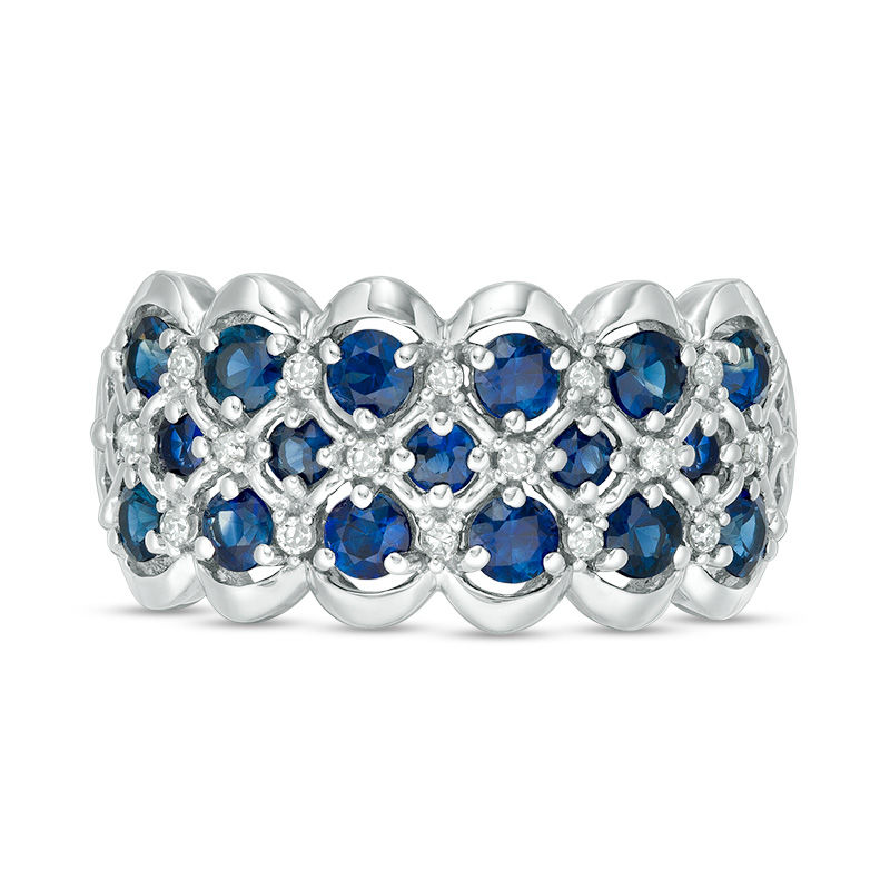 Main Image 4 of Blue Sapphire and 1/10 CT. T.W. Diamond Multi-Row Quilt Pattern Ring in 10K White Gold