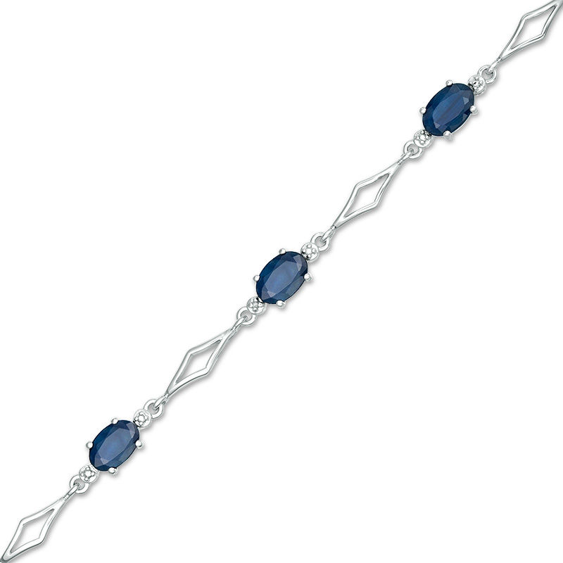 Main Image 1 of Oval Blue Sapphire and Diamond Accent Station Bracelet in 10K White Gold - 7.5"