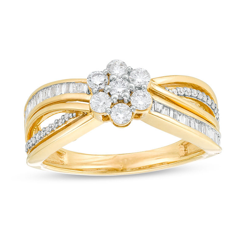 Main Image 1 of 1/2 CT. T.W. Composite Diamond Flower Crossover Ring in 10K Gold