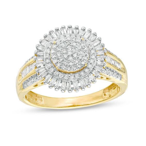 1/2 CT. T.w. Composite Diamond Double Frame Sunburst Ring in 10K Gold