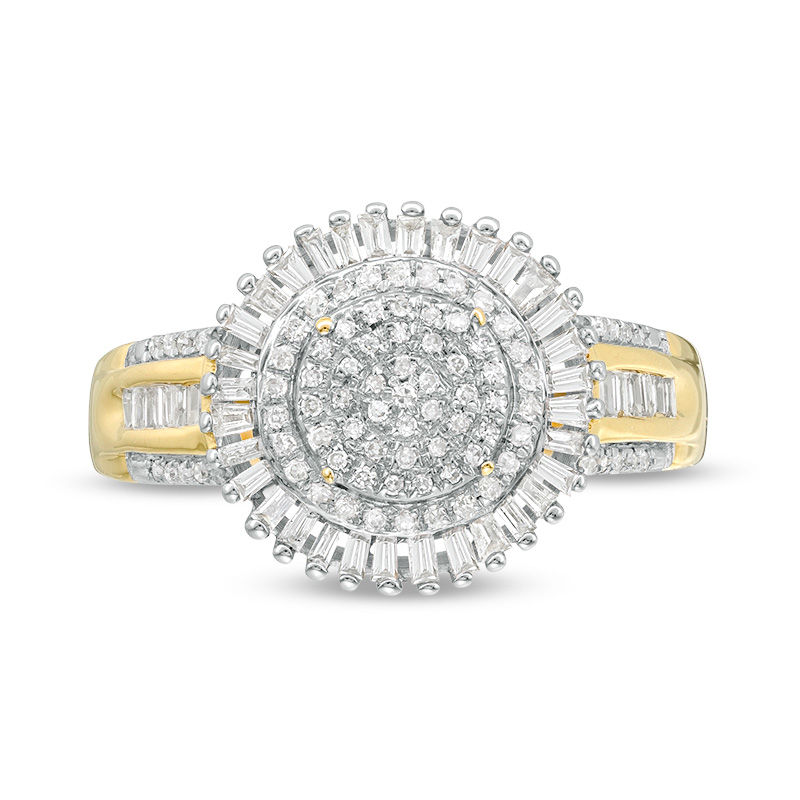 Main Image 4 of 1/2 CT. T.W. Composite Diamond Double Frame Sunburst Ring in 10K Gold