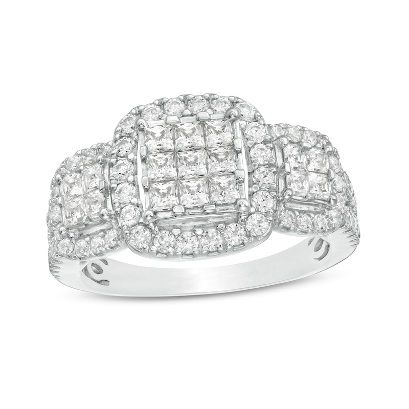 Main Image 1 of 1-1/3 CT. T.W. Composite Diamond Cushion Frame Three Stone Ring in 10K White Gold