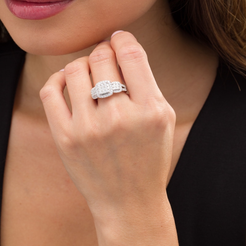 Main Image 2 of 1-1/3 CT. T.W. Composite Diamond Cushion Frame Three Stone Ring in 10K White Gold