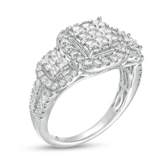 1-1/3 CT. T.w. Composite Diamond Cushion Frame Three Stone Ring in 10K White Gold