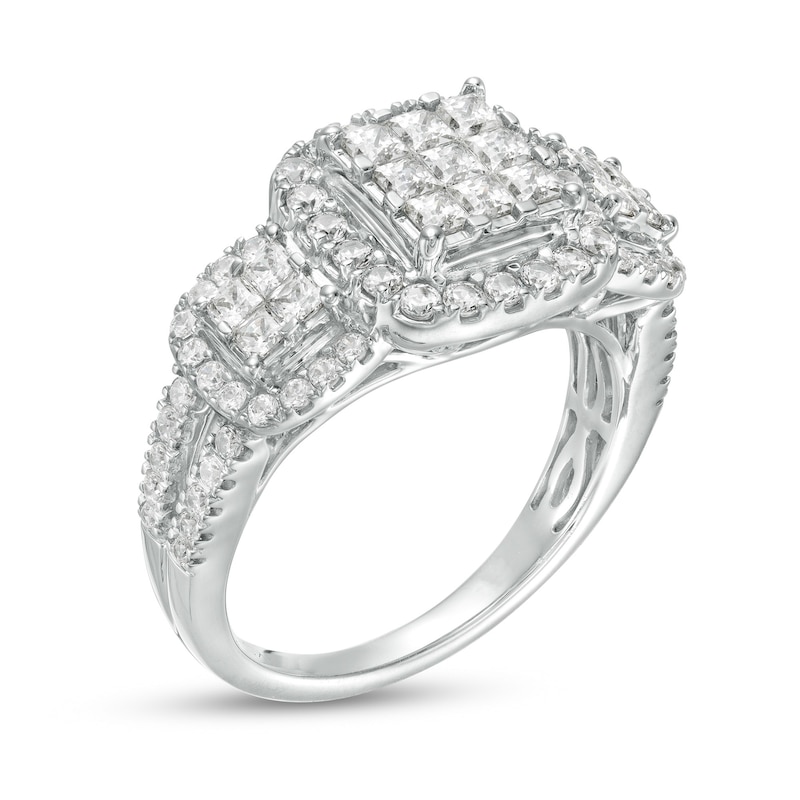 Main Image 3 of 1-1/3 CT. T.W. Composite Diamond Cushion Frame Three Stone Ring in 10K White Gold