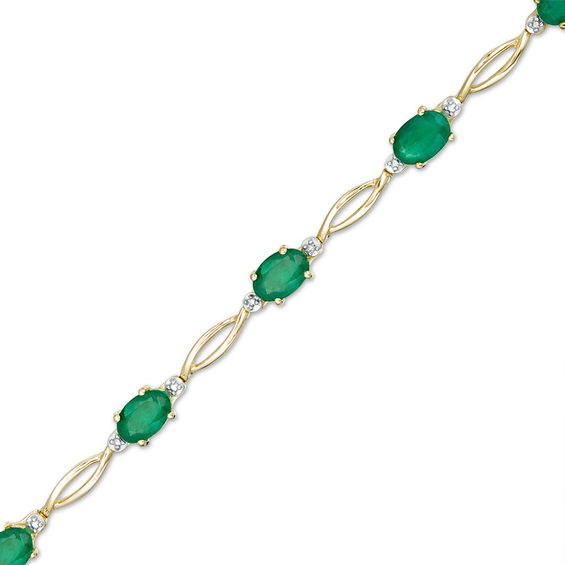 Oval Emerald and Diamond Accent Station Bracelet in 10K Gold - 7.5"