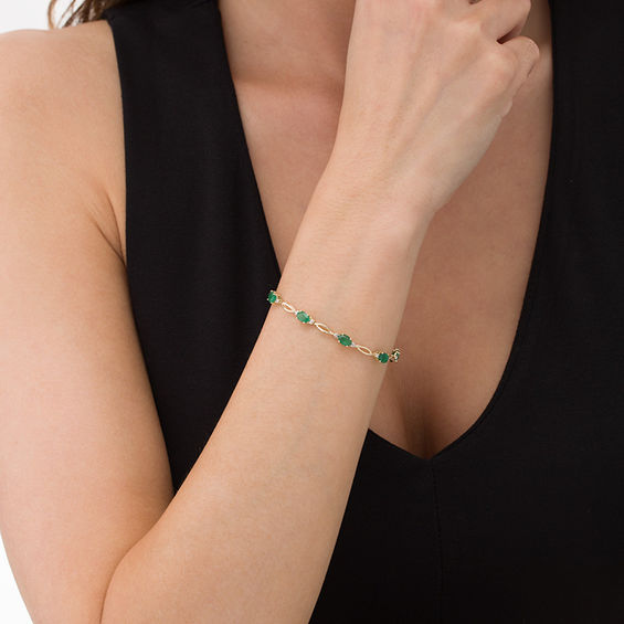 Oval Emerald and Diamond Accent Station Bracelet in 10K Gold - 7.5"