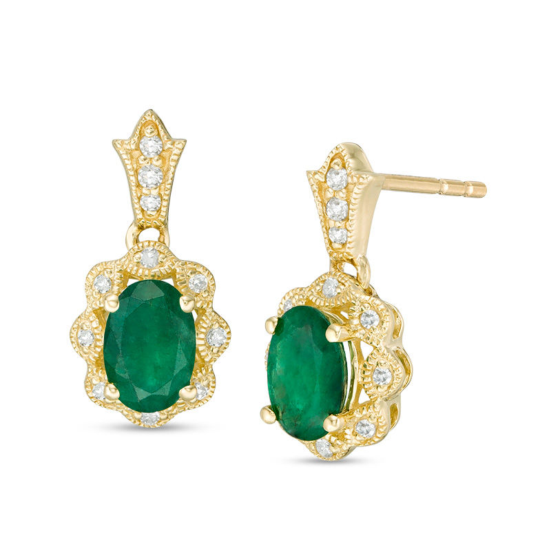 Main Image 1 of Oval Emerald and 1/15 CT. T.W. Diamond Vintage-Style Drop Earrings in 10K Gold