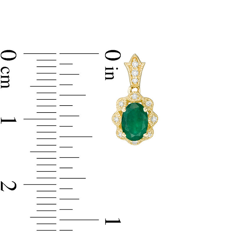 Main Image 3 of Oval Emerald and 1/15 CT. T.W. Diamond Vintage-Style Drop Earrings in 10K Gold