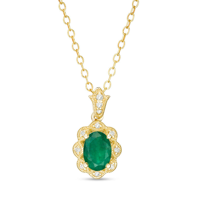 Main Image 1 of Oval Emerald and 1/20 CT. T.W. Diamond Vintage-Style Pendant in 10K Gold